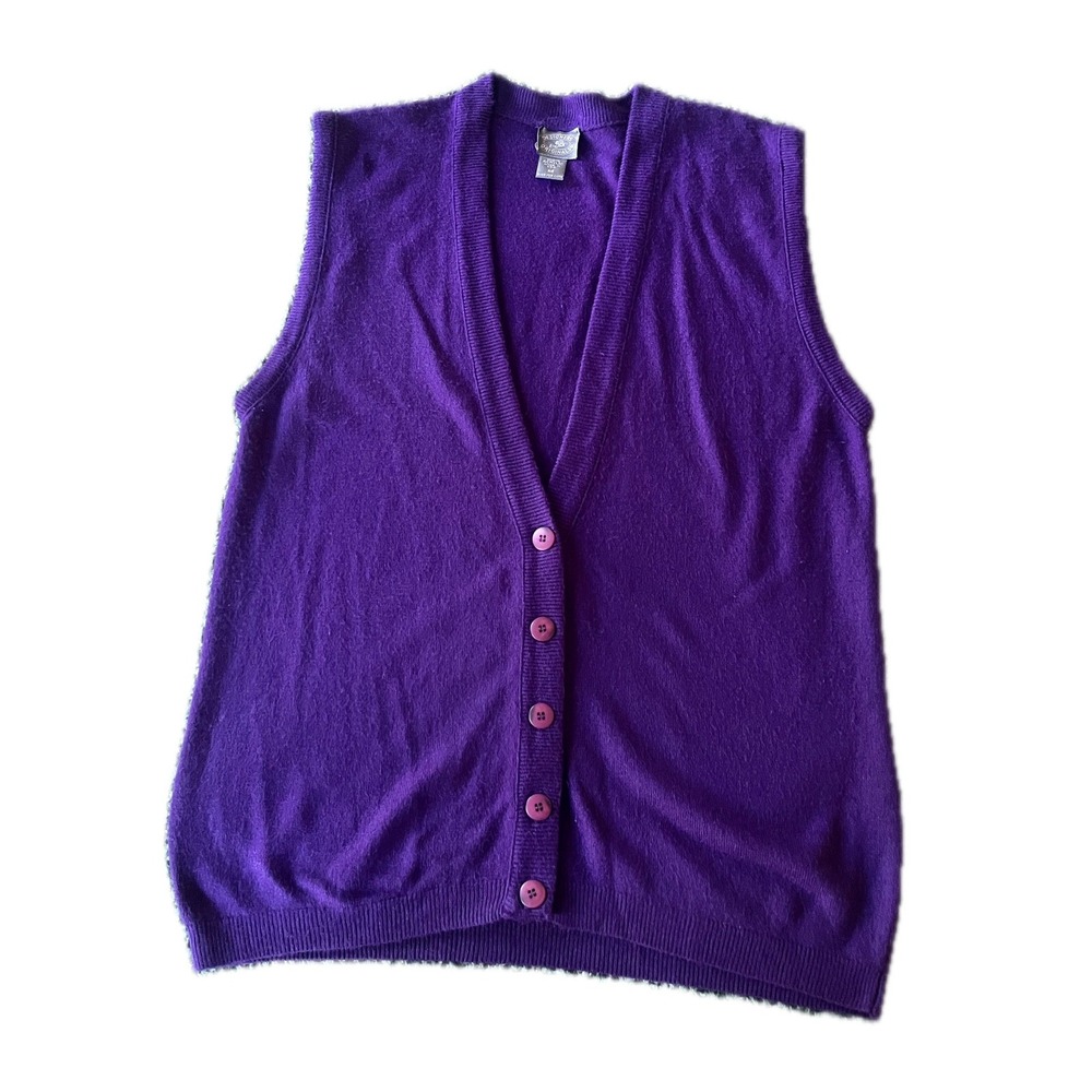 Vintage 90s Purple Knit Cardigan Vest V-Neck Button Front Sz M Teachercore Fall
